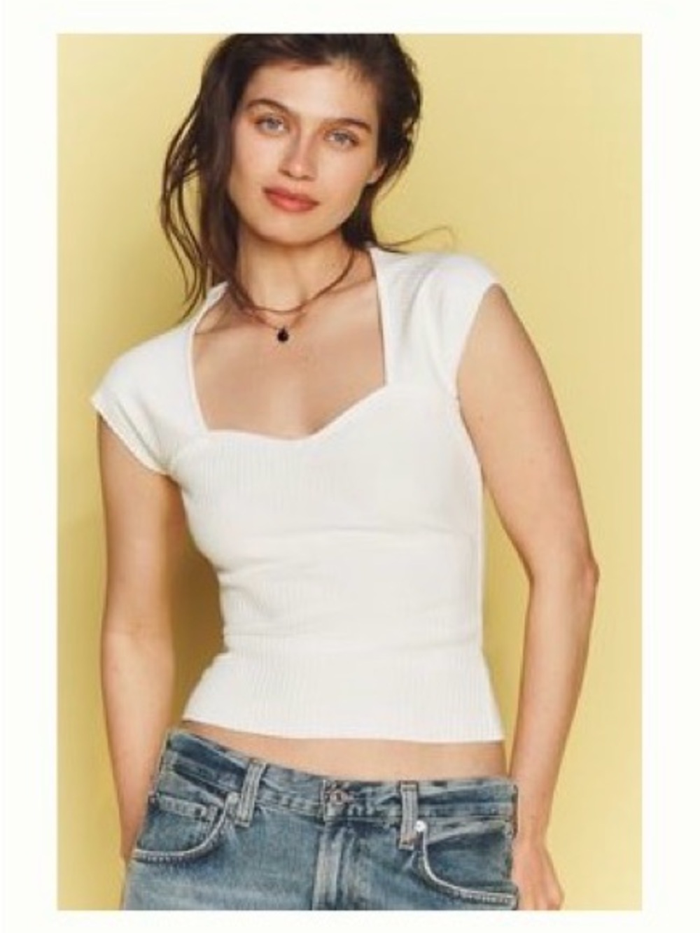 Maeve White Ribbed Square-Neck Cap-Sleeve Crop Top